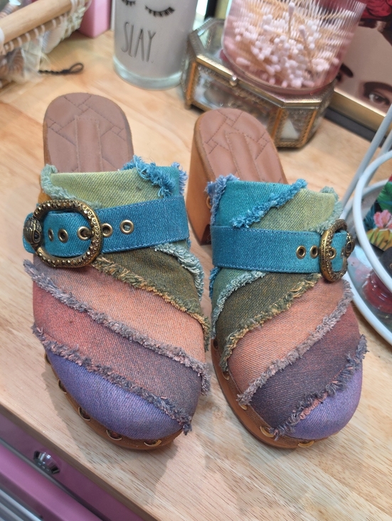 Kurt Geiger Shoes - Kurt Geifer Multicolor Frayed Denim Slide Block Heels - Women's Casual Fashion